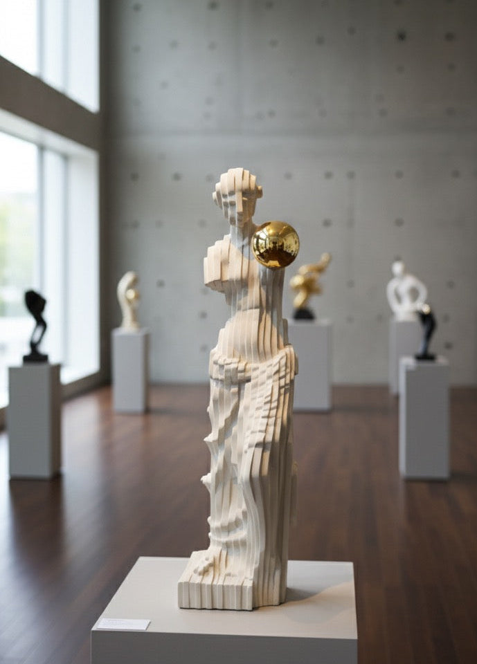 Abstract Tiered Figure Sculpture with Gold Sphere | Modern Art Showpiece