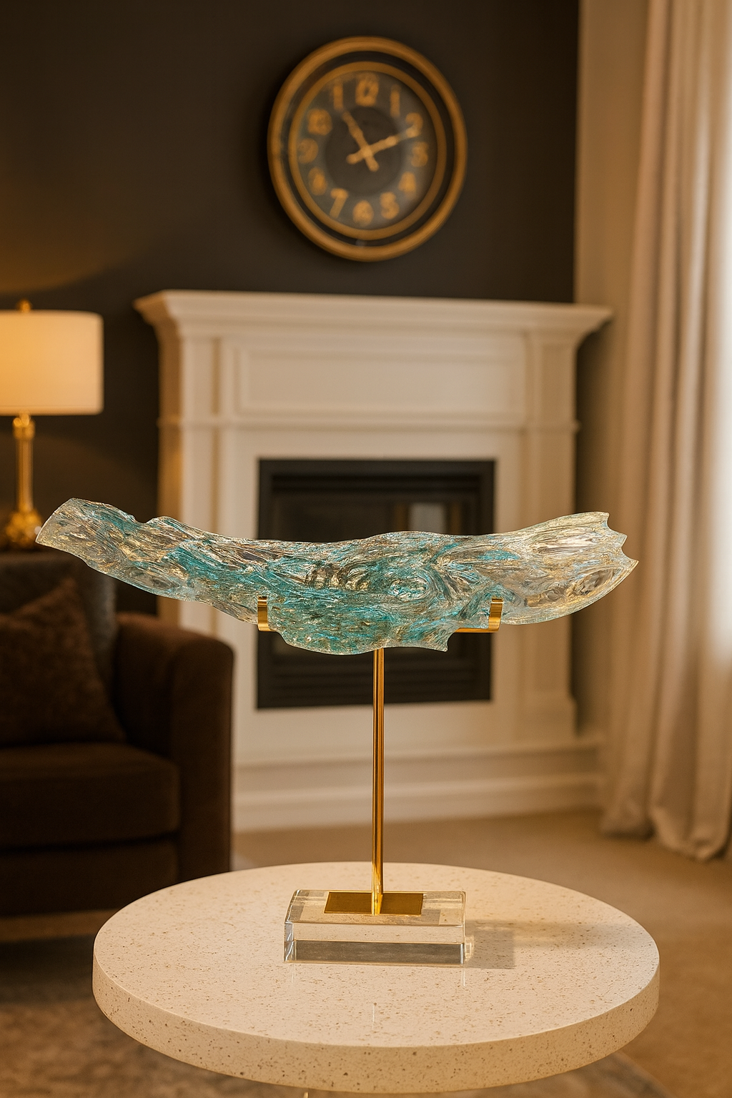 "The Azure Drift | Luxury Hand-Blown Glass Art on Pedestal"