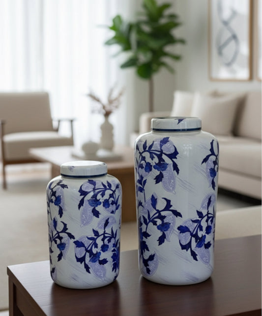 Ginger Jar Style Ceramic Storage Canister | Royal Blue & White Floral Pattern