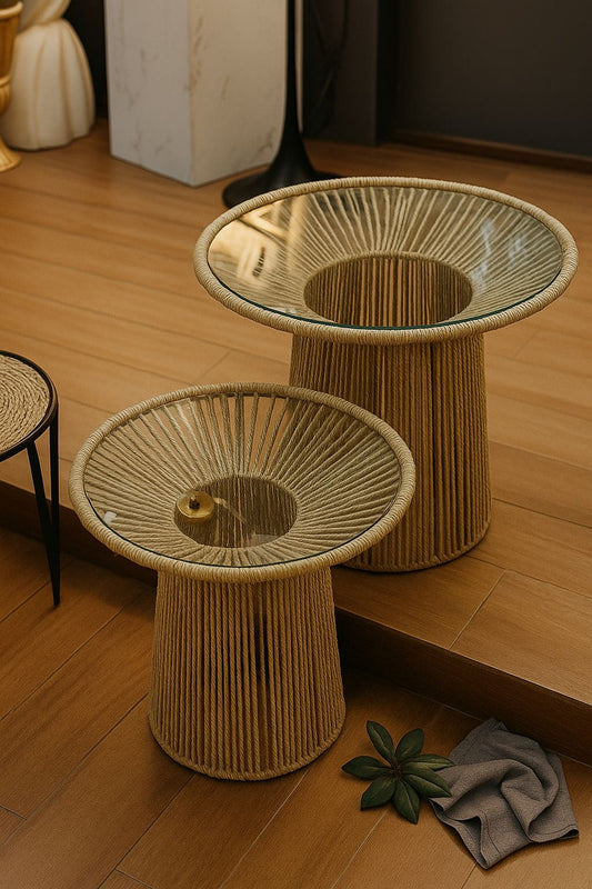 Rattan Base Table with Mirror Top – Elegant Boho Accent Table