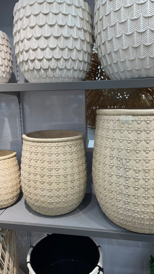 Premium Embossed Ceramic Planter – Luxury Beige Floral Textured Pot (Available in 3 Sizes)