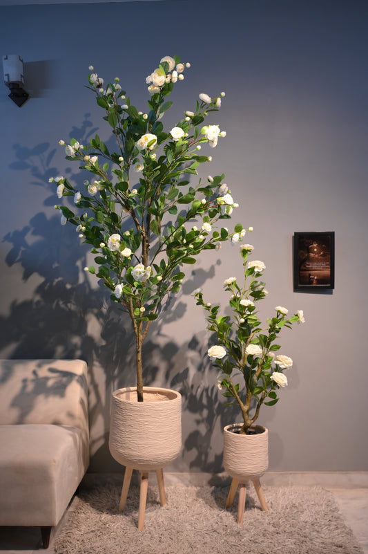 Luxe Faux White rose plant without Woven Planter (Two Sizes Available)
