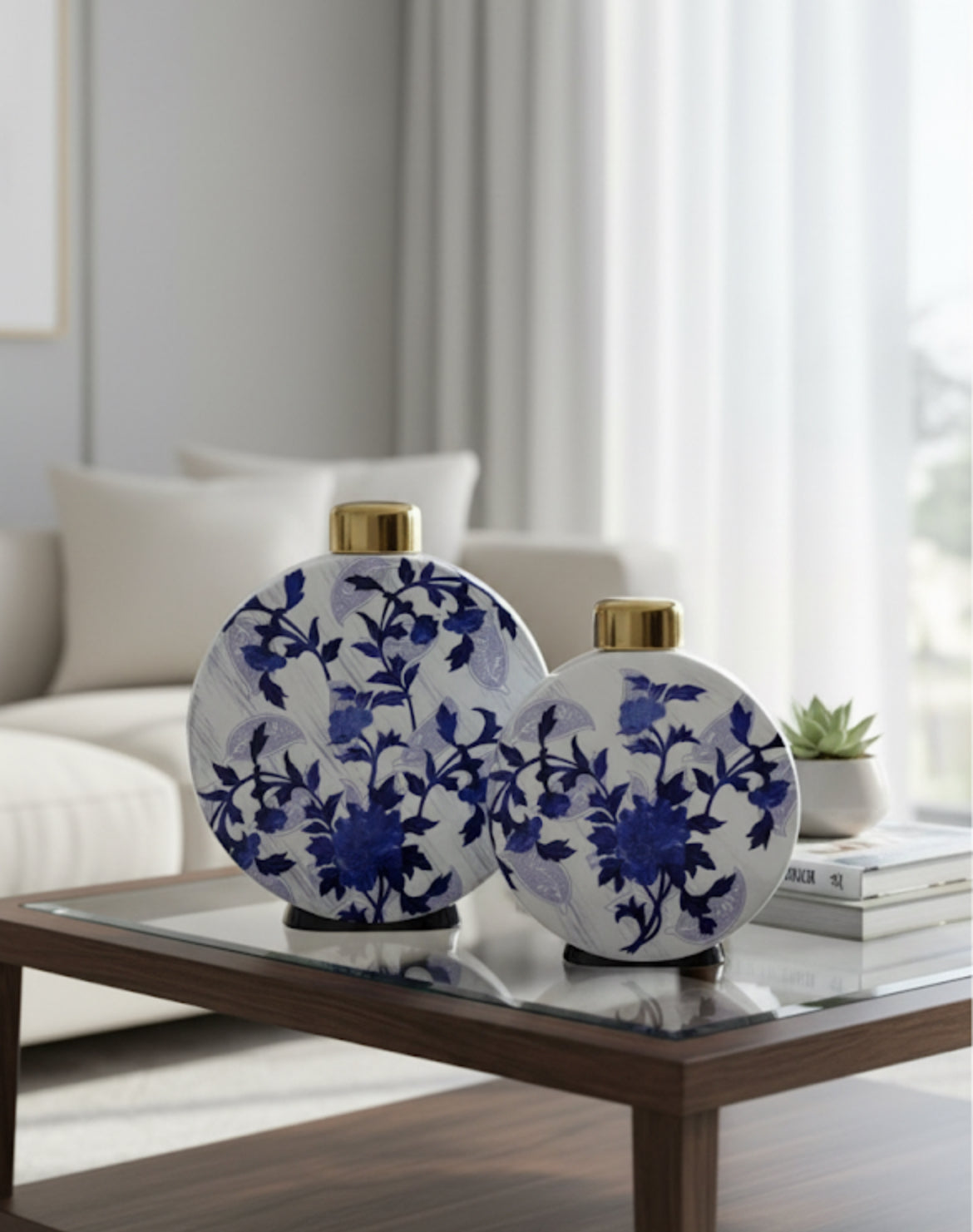 Blue and White Ceramic Vases | Flat Round Floral Design