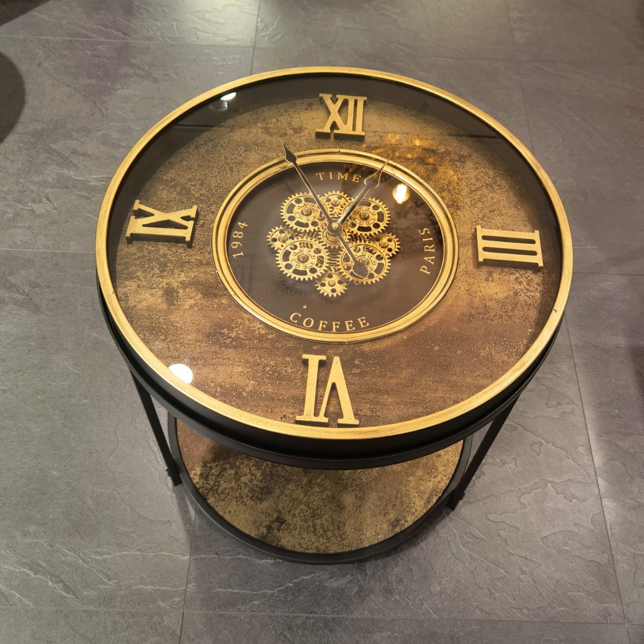 Industrial Style Side Table with Cog Clock Top